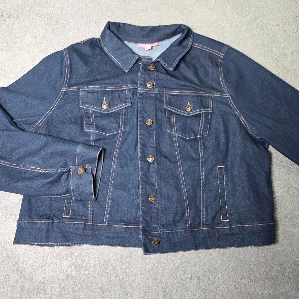 Woman Within Womens 20W Denim Jacket Dark Blue Indigo Stretch Trucker 32-0676-0